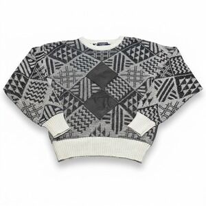 Vtg 80s Barnaby Geometric Sweater Men's S Leather Patch Acrylic Grandpa Cosby